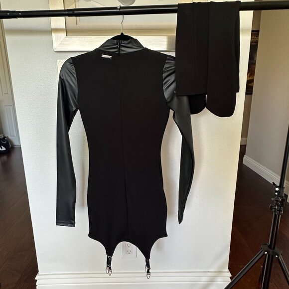 Maniere De Voir Vegan Leather Suspender Dress in Black - Picture 6 of 12